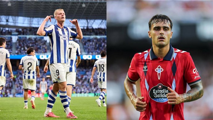 El delantero de la Real Sociedad Orri Oskarsson (izquierda) celebra un gol en Anoeta y, a la derecha, el jugador del RC Celta Miguel Román.