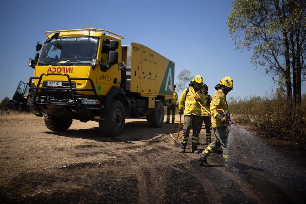 Efectivos del Infoca combaten un incendio forestal. Imagen de archivo. 