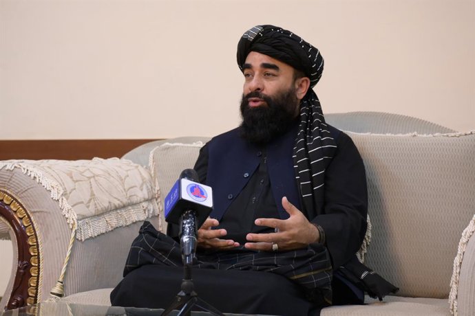 KABUL, Aug. 15, 2026  -- Zabihullah Mujahid, spokesman for the Afghan government, speaks in an interview with Xinhua in Kandahar province, Afghanistan, Aug. 6, 2026. TO GO WITH "World Insights: Five years after Taliban returned to power, where does Afghan