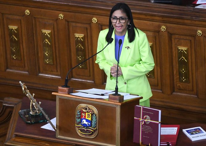 Archivo - CARACAS, Jan. 15, 2026  -- Venezuelan acting president Delcy Rodriguez delivers her annual report to the legislature on behalf of the administrative body in Caracas, Venezuela, Jan. 15, 2026.