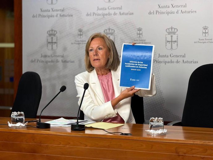 La diputada del PP de Asturias Pilar Fernández Pardo durante la rueda de prensa que ha ofrecido este jueves en la Junta General del Principado.