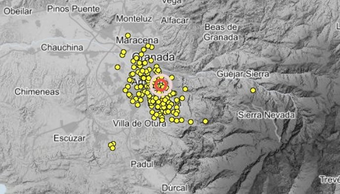 Mapa de terremotos de la serie sísmica de Granada a 3 de septiembre de 2026.
