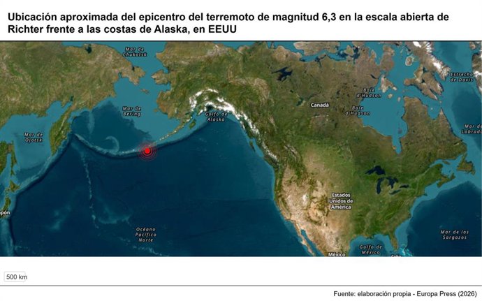 Archivo - Arquivo - Localização aproximada do epicentro do terremoto de magnitude 6,3 na escala aberta de Richter, na costa do Alasca, nos EUA