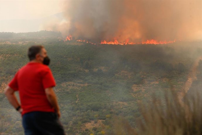 Archivo - Una persona observa el incendio forestal, a 24 de agosto de 2025, en La Baña, Encinedo, La Cabrera, León, Castilla y León (España).