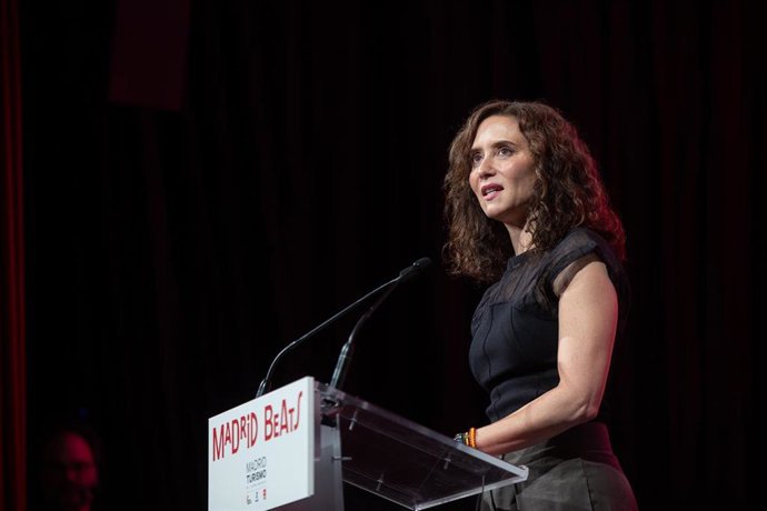 La presidenta de la Comunidad de Madrid, Isabel Díaz Ayuso, interviene durante la presentación de la nueva campaña turística internacional de Madrid, en el Teatro Magno, a 2 de septiembre de 2026, en Madrid (España)
