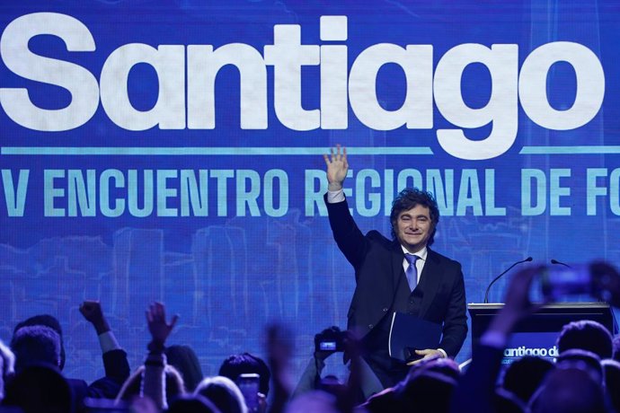 Santiago, 3 de Septiembre de 2026.  Presidente de Argentina Javier Milei realiza discurso de apertura del V encuentro regional de Foto Madrid en Santiago  Diego Martin /Aton Chile