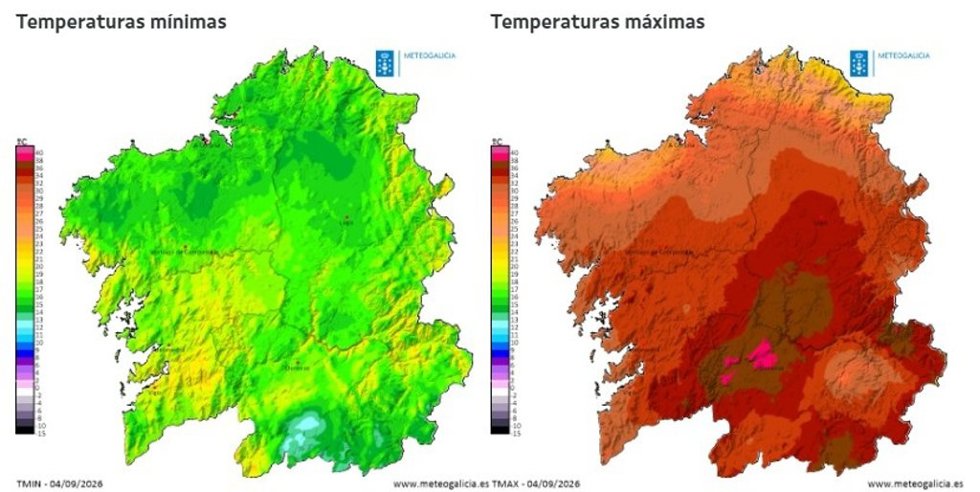 Mapa de temperaturas previstas en Galicia para el 4 de septiembre de 2026, según Meteogalicia.