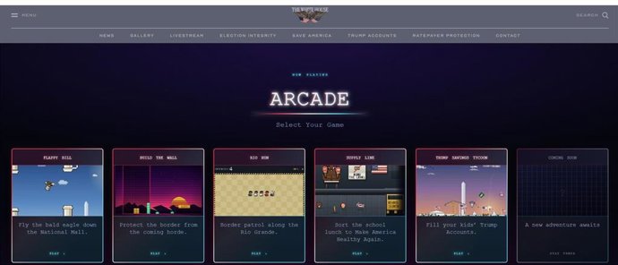 Archivo - Captura de pantalla de 'Arcade', apartado en la Casa Blanca con juegos basados en la agenda política del presidente de Estados Unidos, Donald Trump