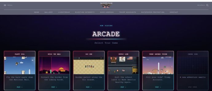 Archivo - Captura de pantalla de 'Arcade', apartado en la Casa Blanca con juegos basados en la agenda política del presidente de Estados Unidos, Donald Trump