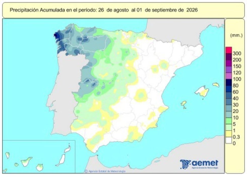 España registra 638 l/m2 de lluvias acumuladas desde el 1 de octubre, un 7% más del valor normal.