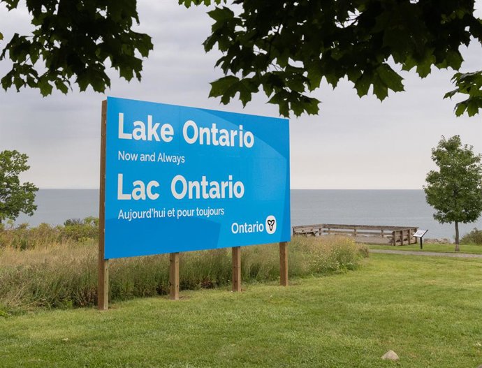 HAMILTON, Aug. 30, 2026  -- An English-French bilingual sign reading "Lake Ontario Now and Always" is pictured at a lakeside conservation area in Hamilton, Ontario, Canada, on Aug. 30, 2026. Canadian Prime Minister Mark Carney said Thursday that the name 