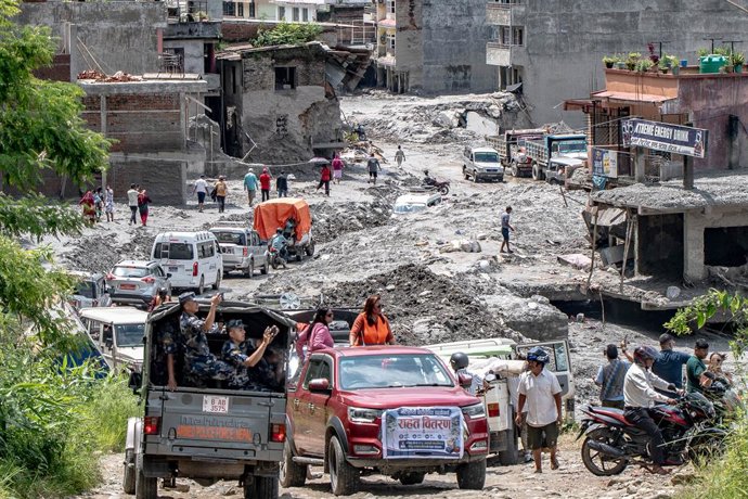 September 4, 2026, Rusawa, Nepal: Nuwakot district is almost entirely cut off and paralyzed after catastrophic flash floods, triggered by upstream glacier collapse, annihilated infrastructure, including this crucial asphalt road section, in Trishuli. The 