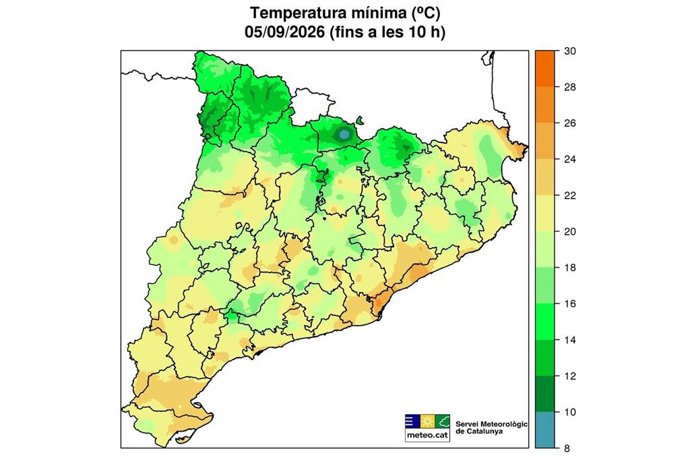 Mapa de temperaturas mínimas este sábado en Catalunya