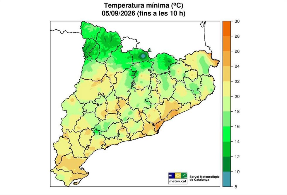 Mapa de temperaturas mínimas este sábado en Catalunya