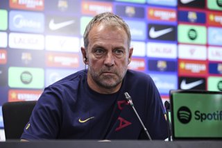 Hansi Flick, head coach of FC Barcelona, attends his press conference during the training day of FC Barcelona ahead the Spanish League, LaLiga EA Sports, football match against Rayo Vallecano at Ciudad Esportiva Joan Gamper on August 30, 2026 in Sant Joan