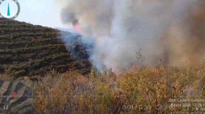 Imagen del incendio declarado en el paraje Camino El Parralejo, en Puerto Moral (Huelva).