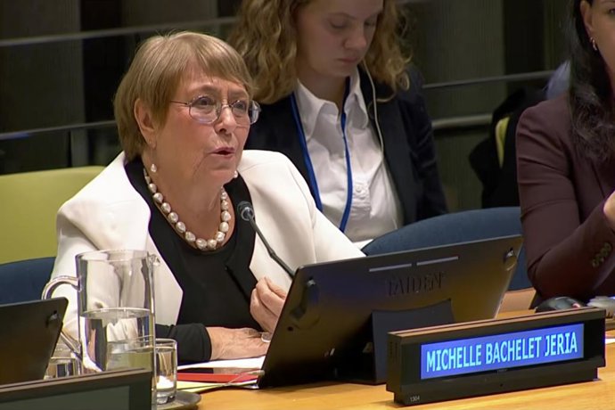 Santiago 21 de abril 2026.  Expresidenta Michelle Bachelet presenta propuesta para dirigir la Secretaria General de la ONU  Captura de Pantalla/ViaAton Chile