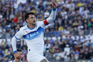 Futbol, Everton vs Universidad Catolica. Fecha 22, Liga de Primera 2026. El jugador de Universidad Catolica Fernando Zampedri celebra tras marcar un gol contra Everton durante el partido de la Liga de Primera disputado en el estadio Sausalito de Vina del
