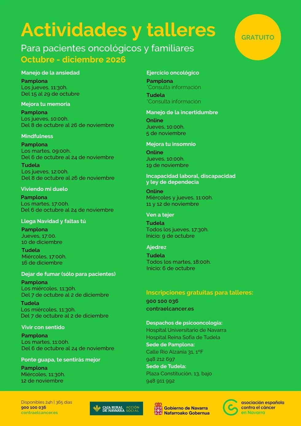 Cartel con las actividades gratuitas organizadas por la Asociación Española Contra el Cáncer en Navarra.