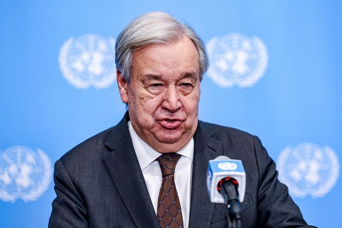 Archivo - El secretario general de Naciones Unidas, António Guterres, durante una rueda de prensa en julio de 2026 (archivo)