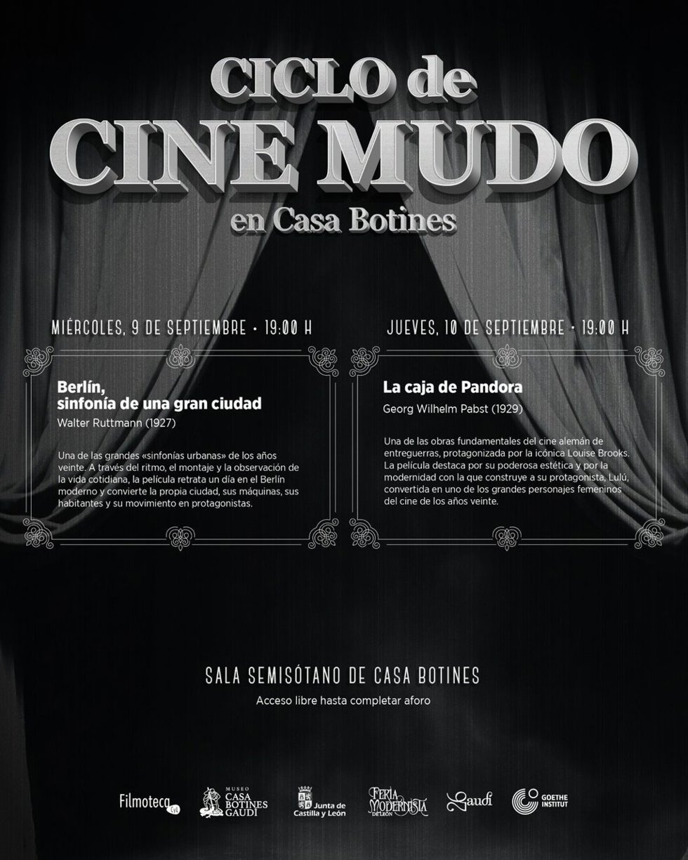 Cartel del ciclo de cine mudo de la Casa Botines Gaudí de León.