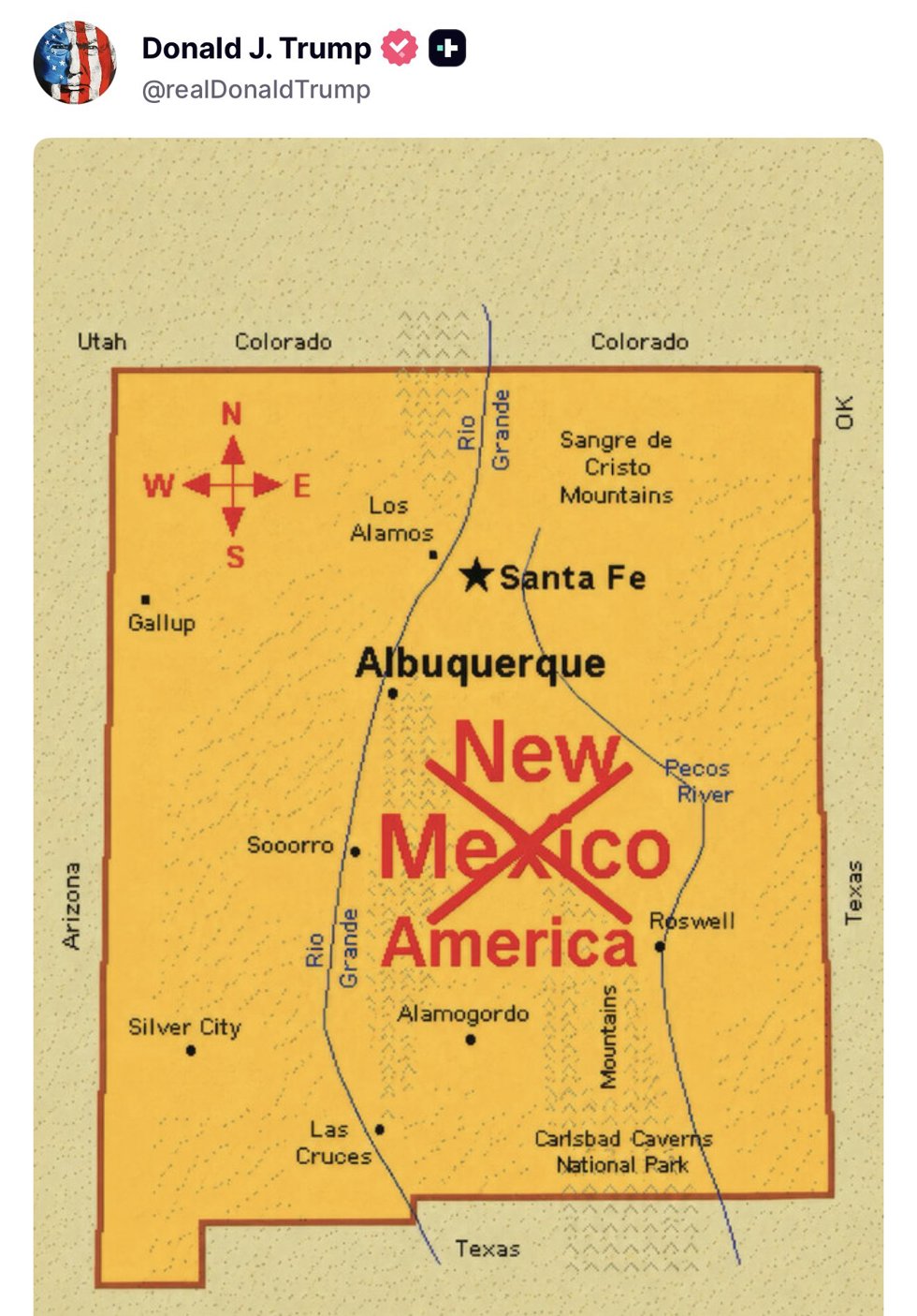 Imagen publicada por Trump en sus redes sociales de un mapa de Nuevo México