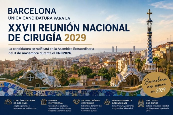 Cartel de la candidatura de Barcelona para la Reunión Nacional de Cirugía 2029.