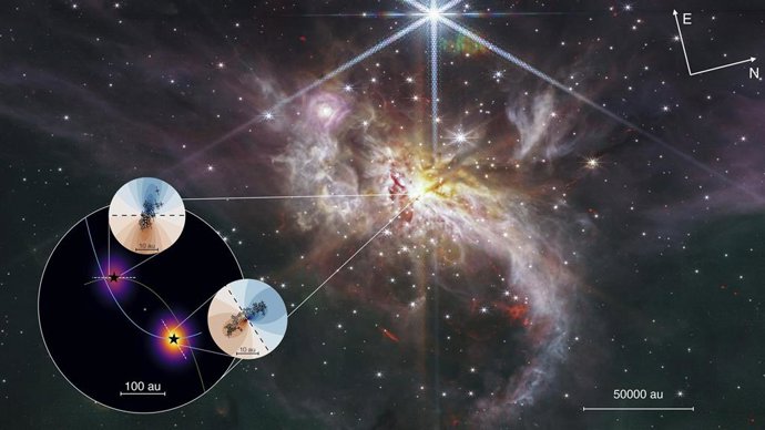 Combinación de imágenes de IRAS-07299 generadas a partir de los datos obtenidos con ALMA y JWST.
