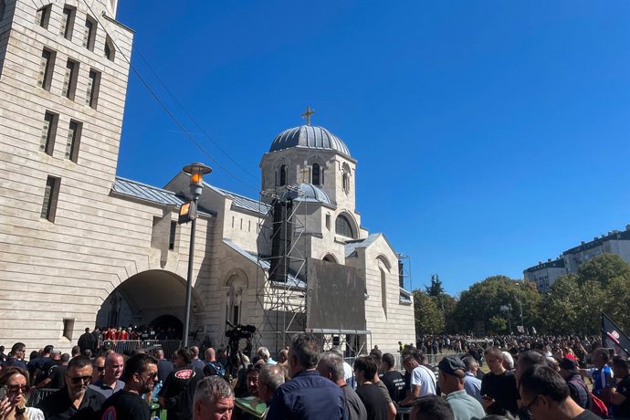 SERBIA, BELGRADE - SEPTEMBER 7, 2026: Mourners gather for a funeral service for General Ratko Mladic (1942-2026), commander of the Army of Republika Srpska in the Bosnian War, at the Church of St Luke the Holy Apostle and Evangelist. Mladic passed away in