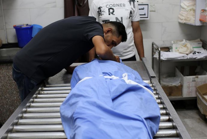 September 7, 2026, Gaza, Gaza Strip, Palestinian Territory: Mourners bid farewell to the bodies of two Palestinians, including a child, and perform funeral prayers at al-Shifa Medical Complex in Gaza City, Gaza Strip, on September 7, 2026, after they were