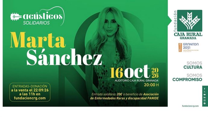 Fundación Caja Rural Granada apuesta por cultura y solidaridad con un concierto acústico de Marta Sánchez que tendrá lugar en el auditorio de la entidad en la capital granadina el próximo 16 de octubre. Entradas a la venta el 22 de septiembre.
