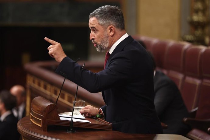 El presidente de Vox, Santiago Abascal, interviene durante una sesión plenaria en el Congreso de los Diputados, a 3 de septiembre de 2026, en Madrid (España).