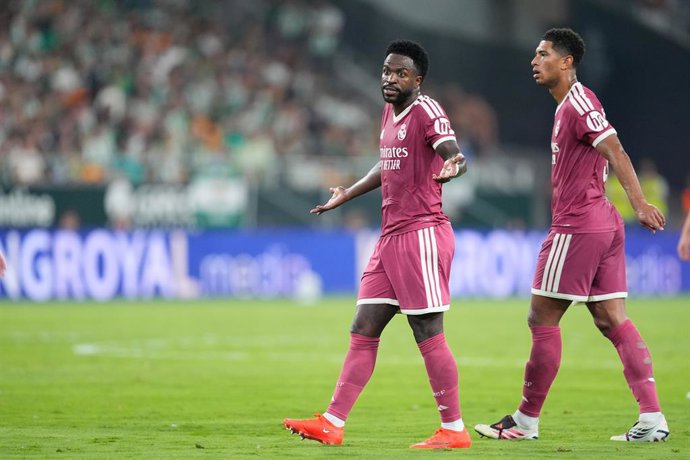 Vinicius Junior of Real Madrid CF protests during the Spanish league, LaLiga EA Sports, football match played between Real Betis and Real Madrid at La Cartuja stadium on September 4, 2026, in Sevilla, Spain.