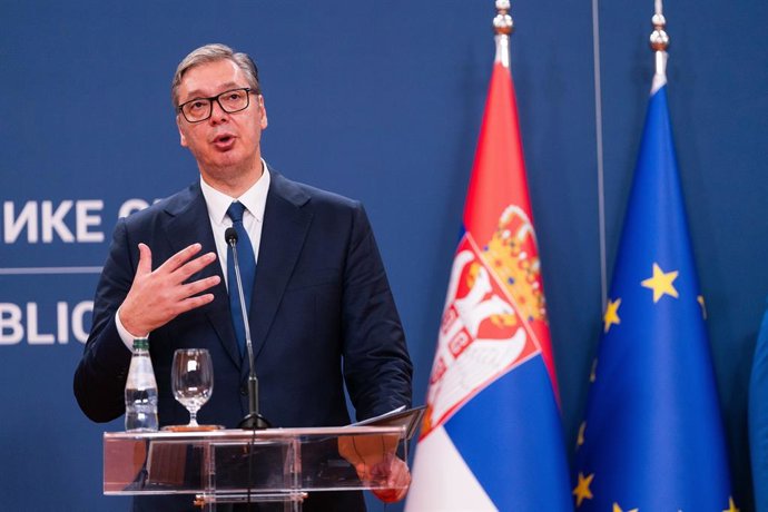08 August 2026, Serbia, Belgrade: Serbia's President Aleksandar Vucic speaks during a joint press conference with Ukraine's President Volodymyr Zelensky following their meeting at the Palace of Serbia. Photo: Marko Dimic/ZUMA Press Wire/dpa