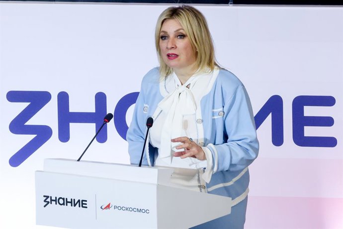 Archivo - Arquivo - RÚSSIA, MOSCOU - 7 DE ABRIL DE 2026: A porta-voz do Ministério das Relações Exteriores da Rússia, Maria Zakharova, discursa na abertura da maratona educacional “Espaço com Conhecimento”, parte da Semana Espacial da Rússia, realizada no