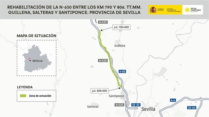 El Ministerio de Transportes licita obras del firme en 16 kilómetros de la N-630 a su paso por Guillena, Salteras y Santiponce (Sevilla).