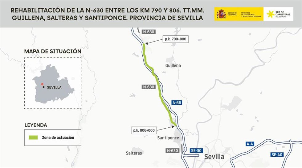 El Ministerio de Transportes licita obras del firme en 16 kilómetros de la N-630 a su paso por Guillena, Salteras y Santiponce (Sevilla).