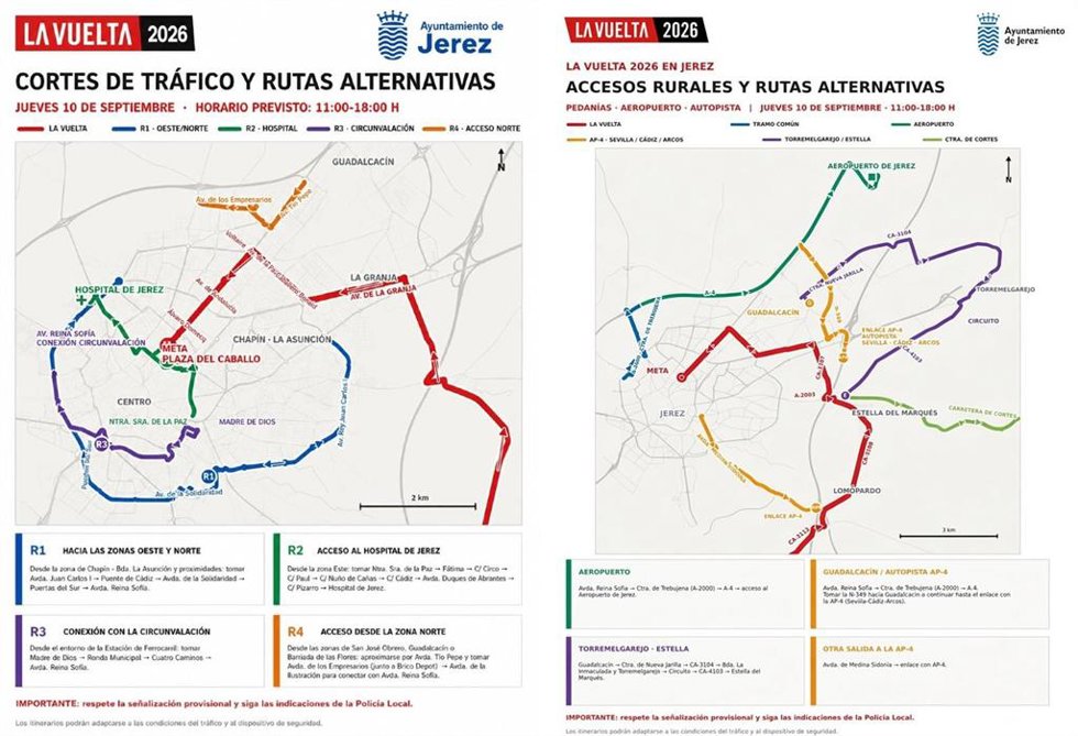 Rutas alternativas de tráfico recomendadas por el Ayuntamiento de Jerez de la Frontera durante la etapa de La Vuelta en Jerez