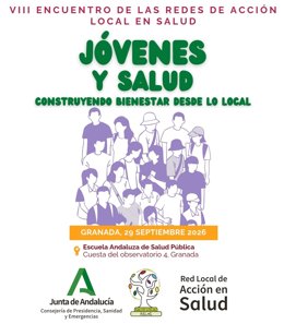 Cartel del VIII Encuentro de las Redes de Acción Local en Salud que se celebrará en Granada el 29 de septiembre para profesionales de la administración local, salud pública, atención primaria, servicios sociales y juventud.