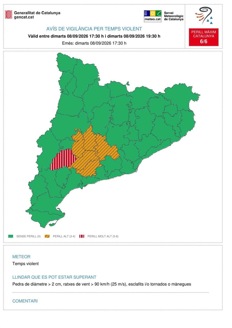 Aviso por tiempo violento en Les Garrigues (Lleida)