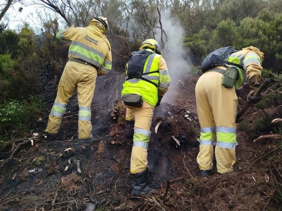 Bomberos forestales extinguen el incendio de San Felices de Buelna.