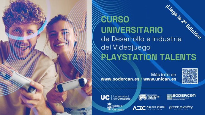Cartel de la II edición del Curso Universitario de Desarrollo e Industria del Videojuego, promovido por SODERCAN, la UC y PlayStation Talents