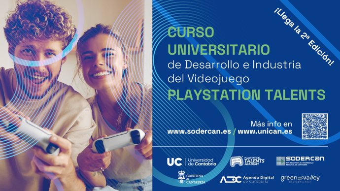 Cartel de la II edición del Curso Universitario de Desarrollo e Industria del Videojuego, promovido por SODERCAN, la UC y PlayStation Talents