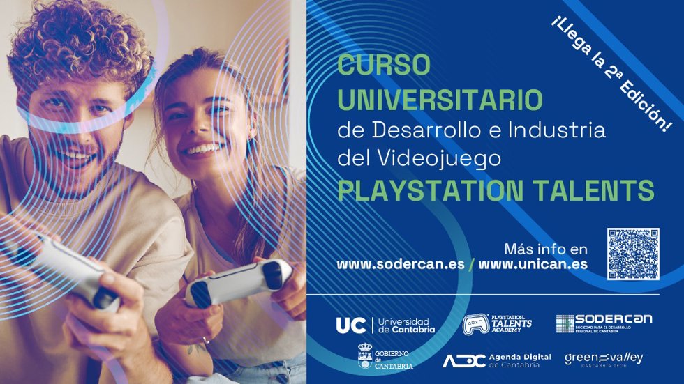 Cartel de la II edición del Curso Universitario de Desarrollo e Industria del Videojuego, promovido por SODERCAN, la UC y PlayStation Talents