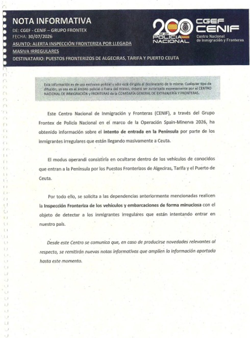 Informe del CENIF del 30 de julio