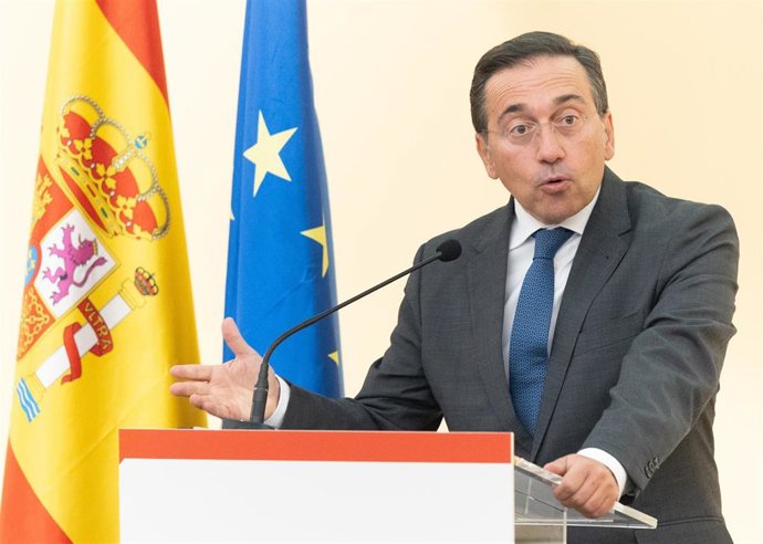 El ministro de Asuntos Exteriores, Unión Europea y Cooperación, José Manuel Albares, en la sede de la Agencia Española de Cooperación Internacional para el Desarrollo (AECID), a 7 de julio de 2026, en Madrid (España). 