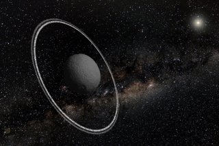 El cuerpo estelar Chariklo, entre Saturno y Urano, con sus dos anillos.
