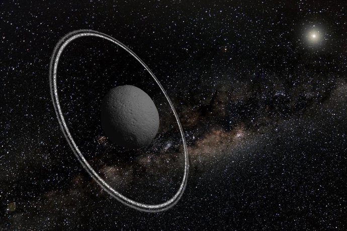 El cuerpo estelar Chariklo, entre Saturno y Urano, con sus dos anillos.