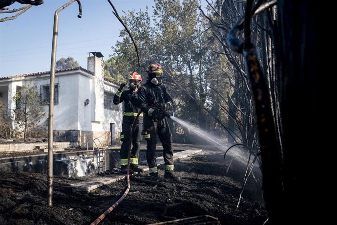 Varios bomberos colaboran en las labores de extinción, a 19 de agosto de 2026, en Aldea del Fresno, Madrid (España). U