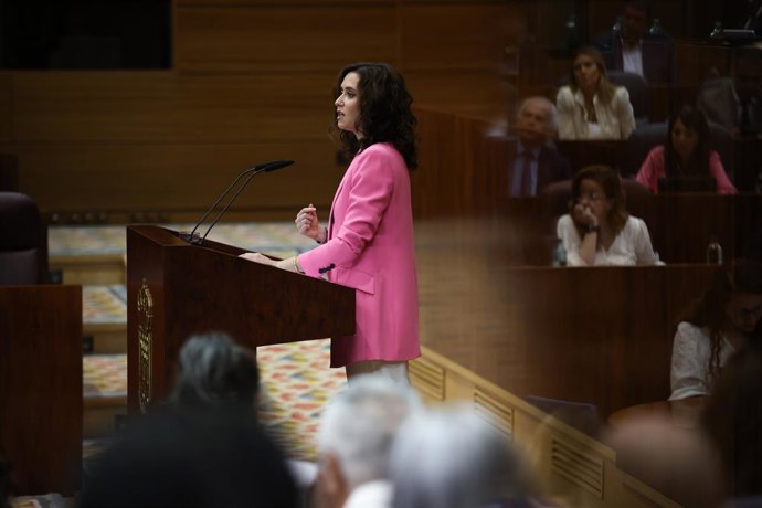 A presidente da Comunidade de Madri, Isabel Díaz Ayuso, durante o debate sobre o Estado da Região na Assembleia de Madri, em 10 de setembro de 2026, em Madri (Espanha). A presidente da Comunidade de Madri, Isabel Díaz Ayuso, reivindicará e